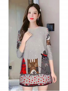 Ladies Cat Printed Knit Fashion Top 